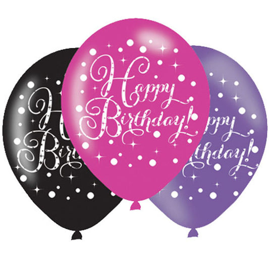 11 inch Black & Pink Sparkling Happy Birthday Latex Balloons - Pack of 6