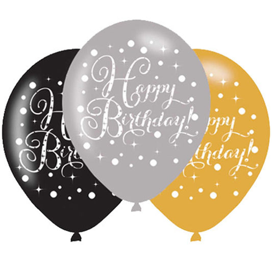 11 inch Black & Gold Sparkling Happy Birthday Latex Balloons - Pack of 6 balloons